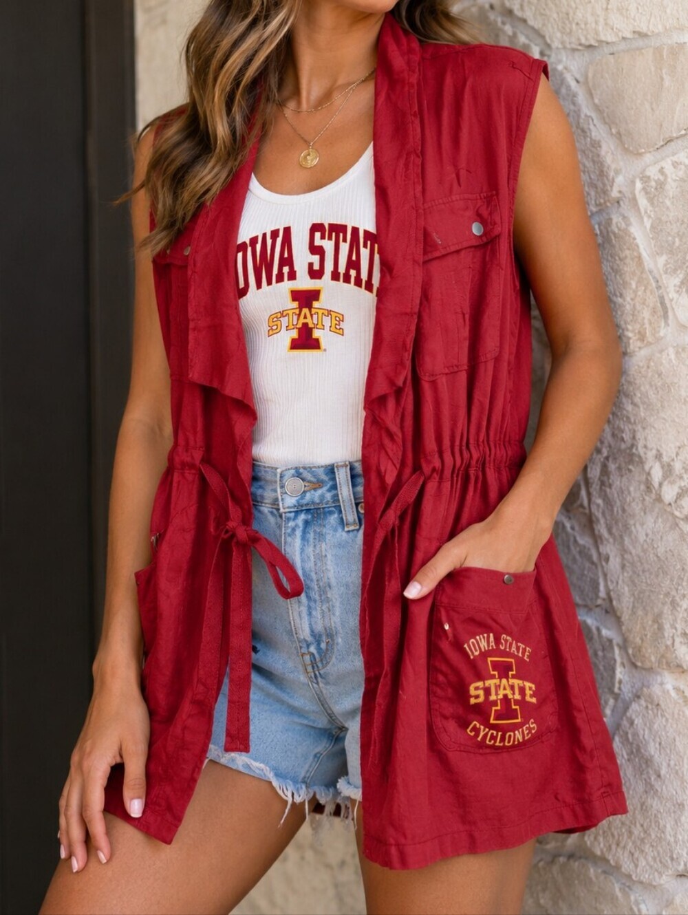 Gameday Couture Red Sleeveless Utility Vest with Drawstring Waist Cyclones